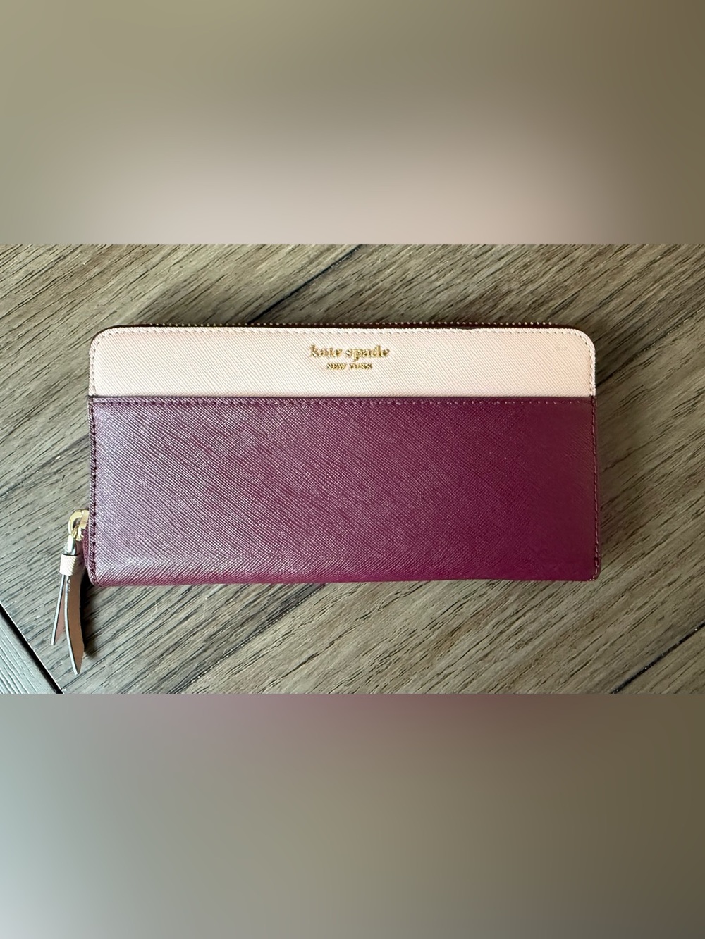 kate spade Two-Tone Saffiano Zip Wallet in Berry and Blush